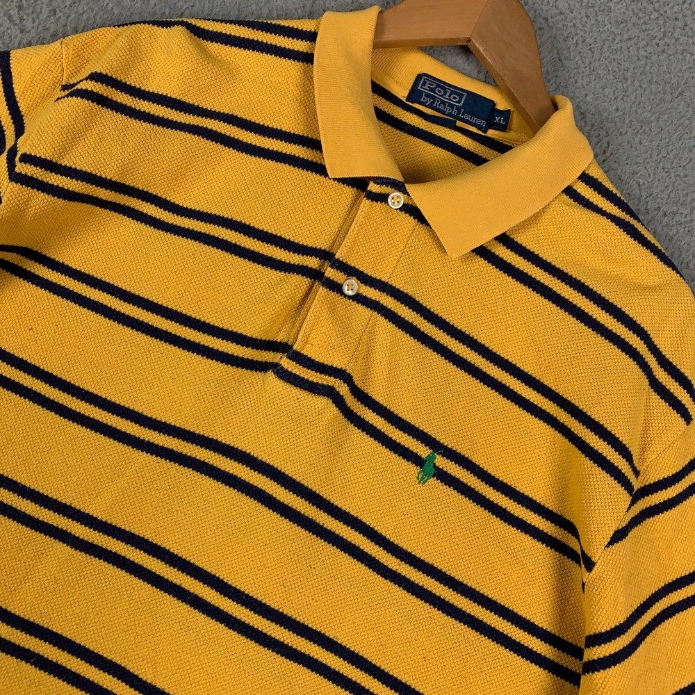 Polo Ralph Lauren Striped Polo Shirt Mens XL Yellow Navy Blue Preppy Cotton Pony